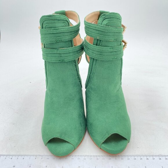 XYD Green Suede Peep Toe High Heels Buckled Double Straps Cutout Ankle Bootie - Picture 3 of 8